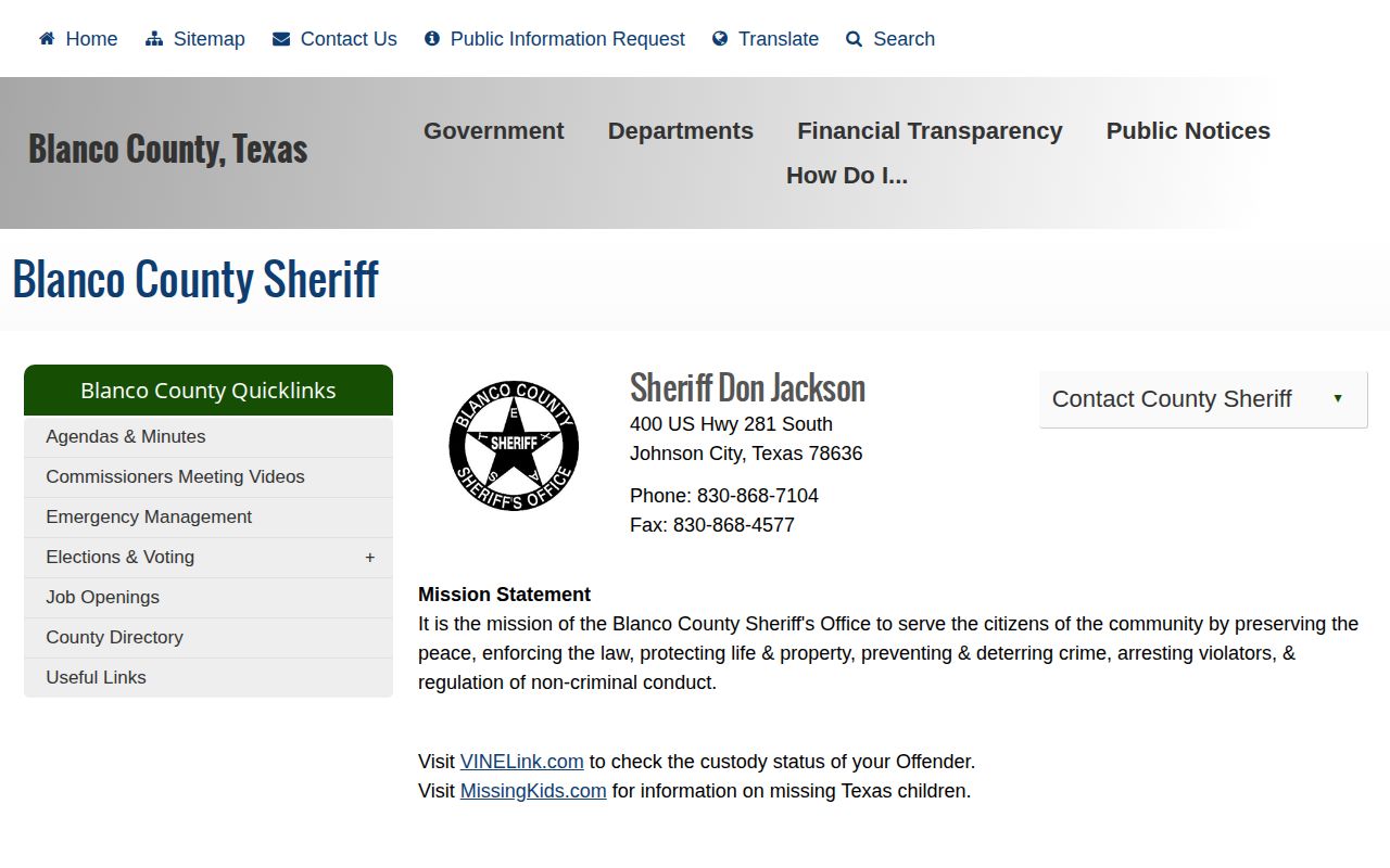 Blanco County Sheriff official page used for jail custody and release contacts