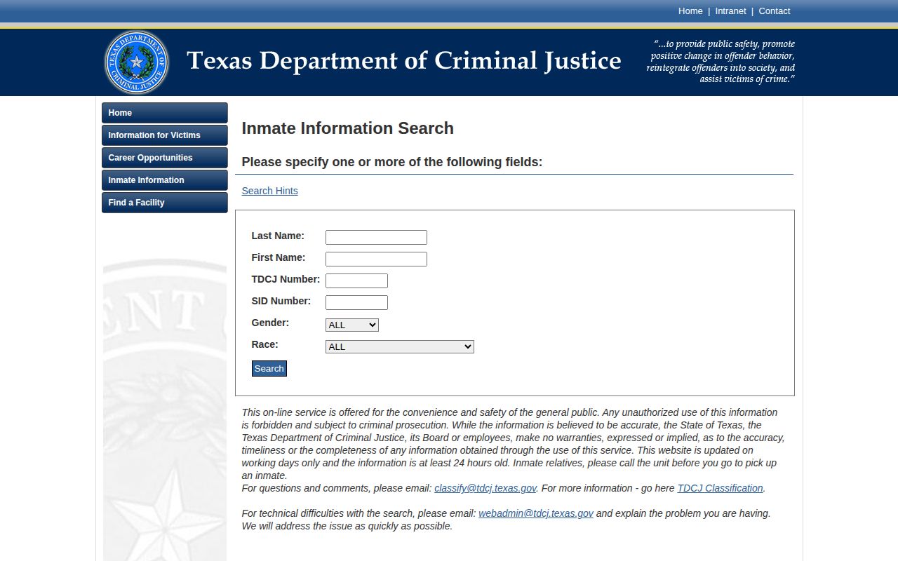 TDCJ offender search fields for a Blanco County projected release date