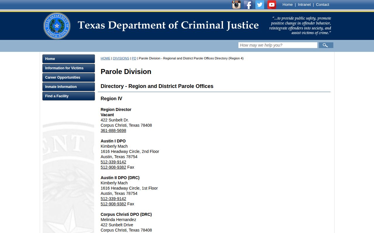 Blanco County post-release supervision office on the TDCJ Region IV page